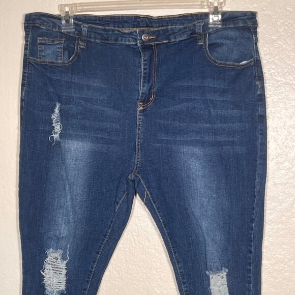 Shein Women Distressed Skinny Jeans 3XL Dark Blue Wash Frayed Hem Stretch Comfy - Picture 3 of 14